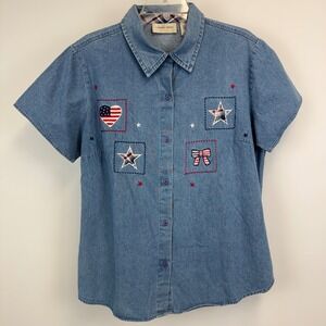Lemon Grass Womens XL Denim Shirt Short Sleeve Americana Patriotic Stars Flag